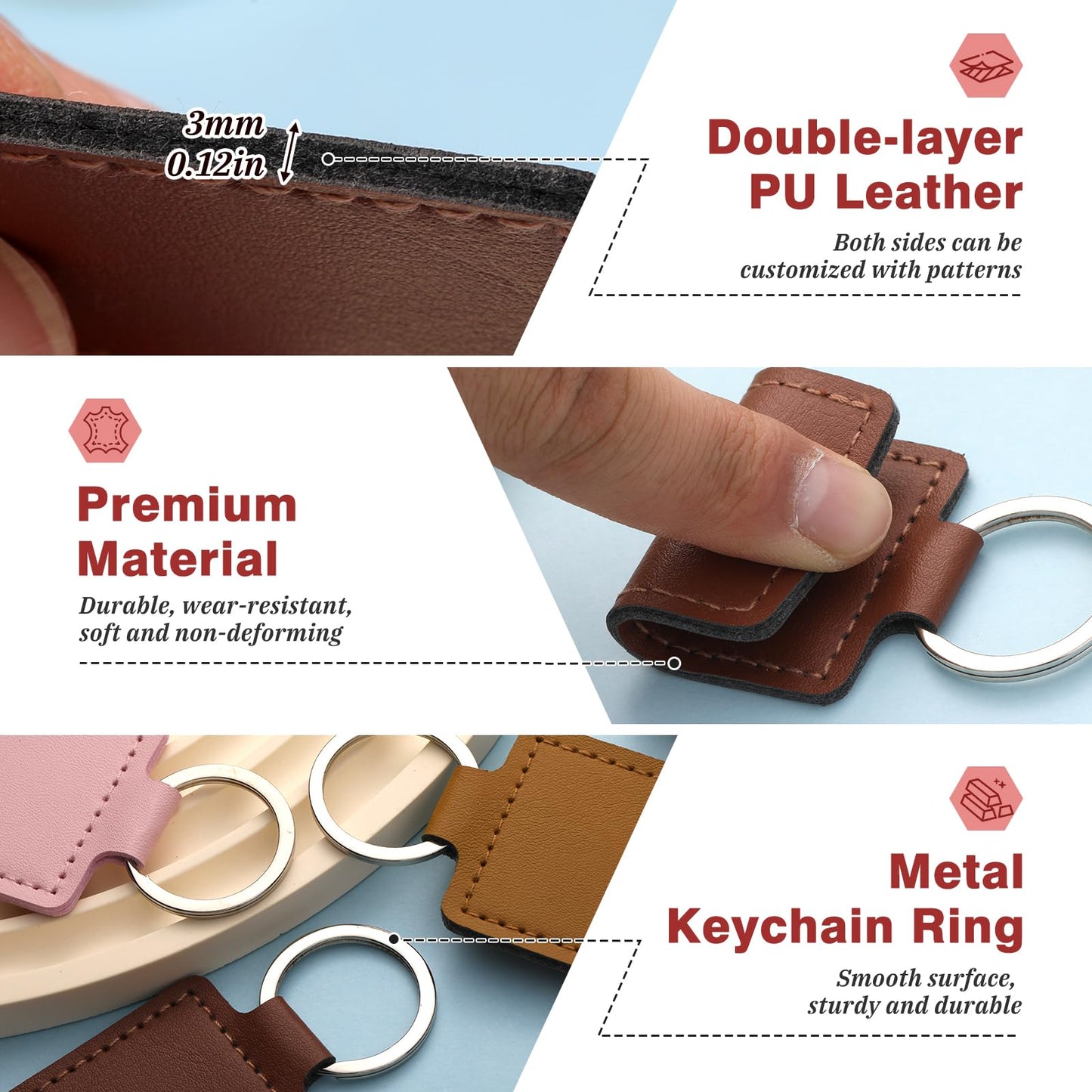 Tikjiua 30 Pcs Leather Key Fob Kit, 6 Colors Leather Keychain Blanks, Rectangular PU Key Chain Blanks with Keychain Rings for DIY Laser Engraving, Stamping Crafts Leather Working