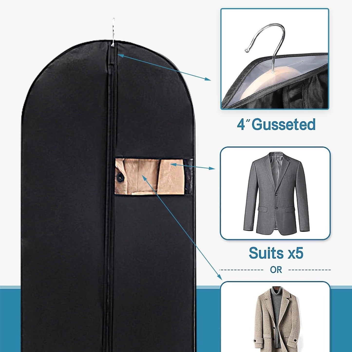 DOTUHAO Garment Bag, 24'' x 55'' Suit Bag, 4 Packs, Dress Bags for Gowns, Garment Bags for Travel, Travel Garment Bag, Garment Bags for Hanging Clothes, Washable Suit Cover for Suits, Coats (Black)