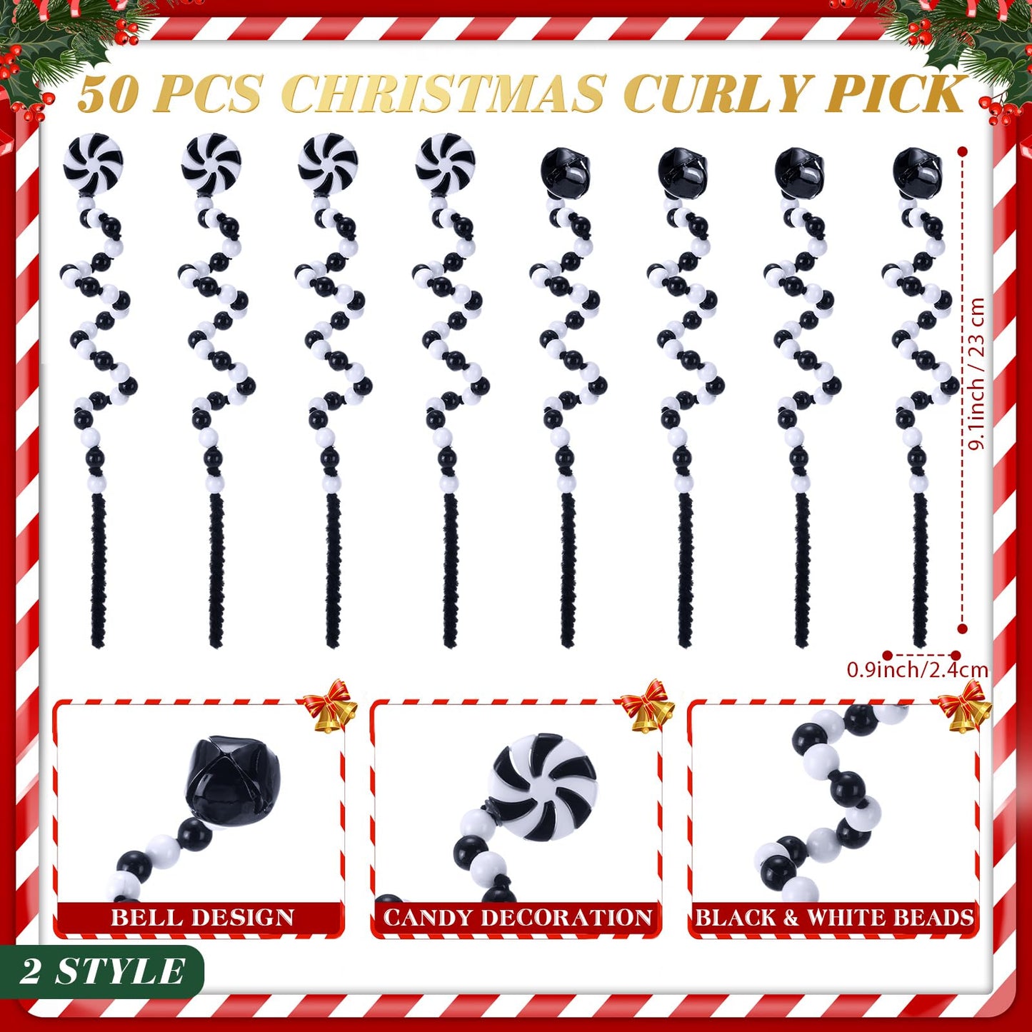 Tigeen 50 Pcs Christmas Candy Cane Pick White Black Christmas Tree Curly Pick Ornaments Xmas Candy Shape Tree Topper Decorations Home Office Crafts