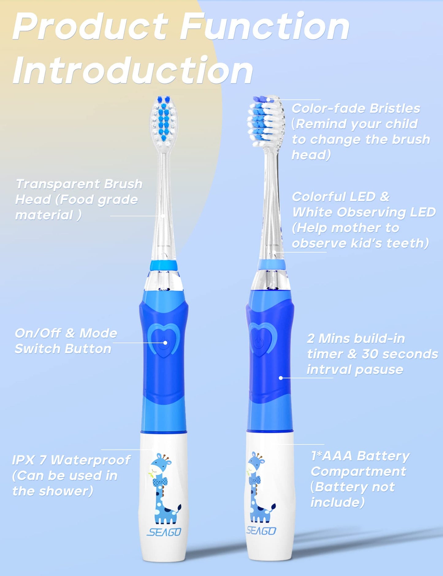 SEAGO Kids Electric Toothbrush with 2 Mins Brushing Timer and 8 Replacement Bursh Heads,Rainbow LED Light Make Brushing Fun, Pink Color Girls Battery Powerd Toothbrush for 4-12 Years Old