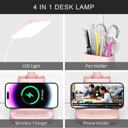 Desk Lamps for Home Office, LED Desk Lamp with Wireless Charger Pencil Holder, 3 Color Modes Dimming Desk Light for College Dorm Room, Girls Study Lamp with CRI 90+ 800 Lumen - Pink