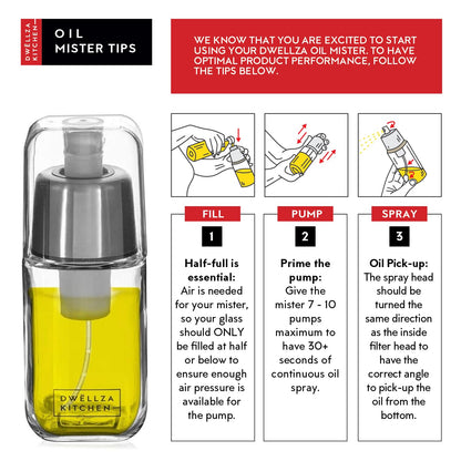 DWËLLZA KITCHEN Olive Oil Dispenser Bottle For Kitchen & Sprayer For Cooking - 2 In 1 Glass 17 Oz. Cooking Oil/Syrup Dispenser With Measurements & 6 Oz. Spray Bottle Set