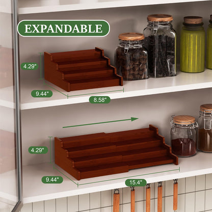 Spice Rack Organizer for Cabinet, 4 Tier Expandable Spice Rack, Bamboo Spice Organizer for Kitchen Cabinet, Pantry and Countertop Organization, Set of 2- Brown