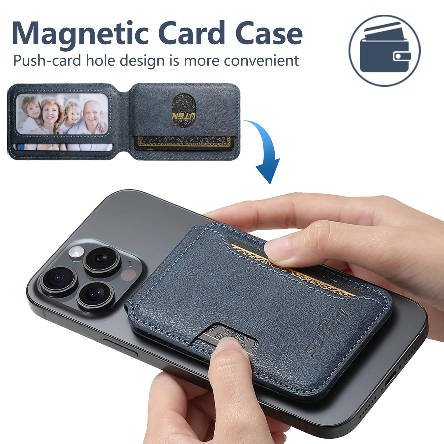 HXY Magnetic Card Holder Wallet for iPhone, Compatible with MagSafe, PU Leather Minimalist Slim Card Holders Fit 3 Cards with Adjustable Stand for iPhone 16/15/14/13/12 Series, Not for Mini (Blue)