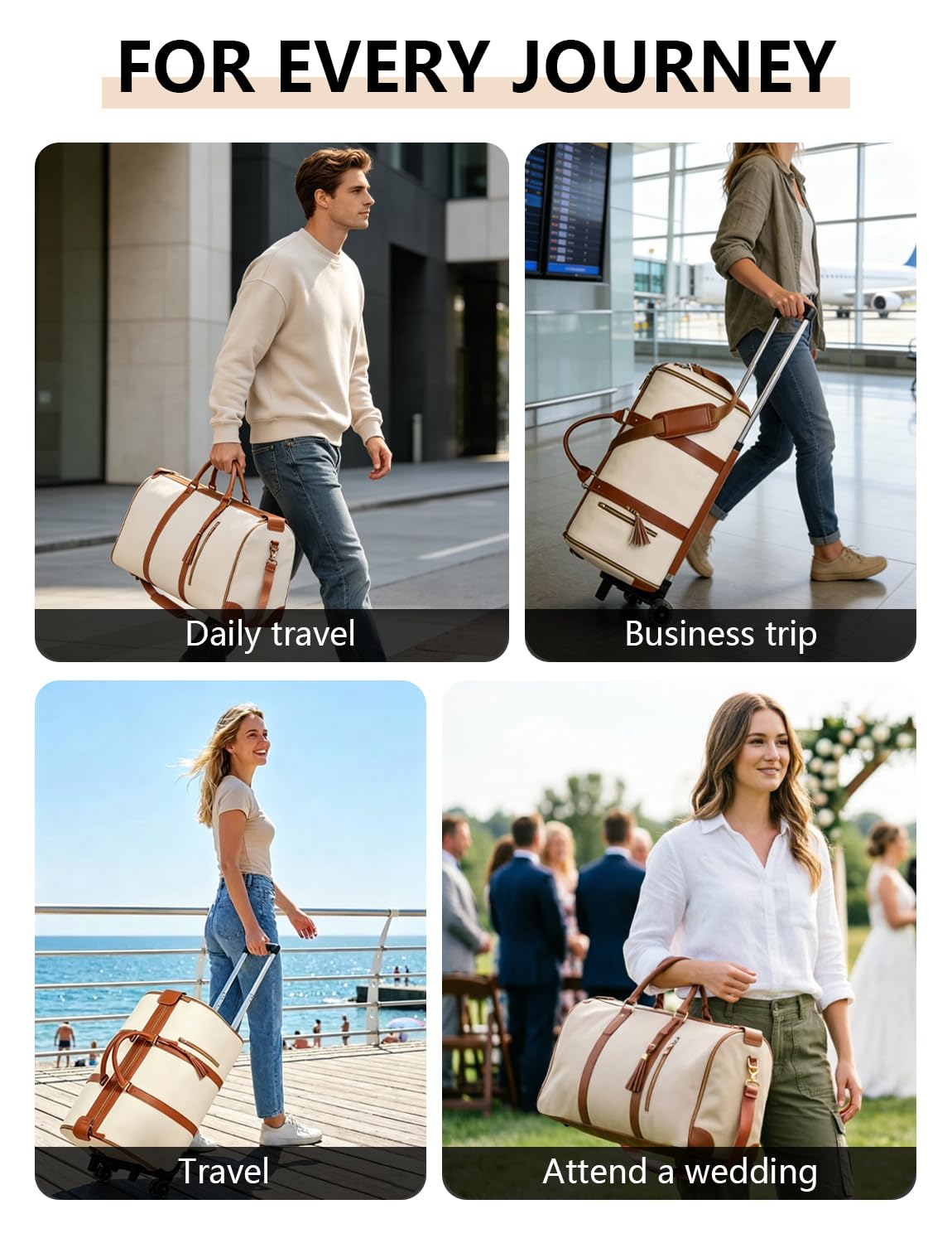 BSAKG 3 in 1 Convertible Garment Duffle Bags for Travel 45L Smooth Zipper Rolling Duffle Bag With Wheels Waterproof Carry On Duffle Bag for Men&Women with Weekends Weddings Business Short Trips Beige