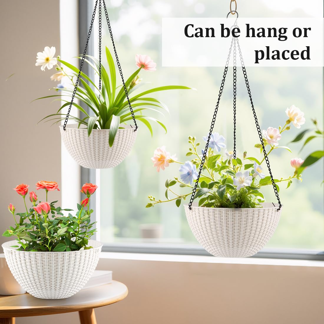 RooTrimmer Hanging Planters for Indoor Outdoor Plants 8/10 Inch, 4 Packs Plant Hanger with Drainage Holes, Hanging Basket Flower Pot Perfect for Home, Office and Garden,White