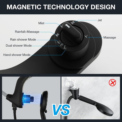 High Pressure Rain Shower Head with Handheld Spray Combo Fixed Showerhead Dual Shower Head Set 10 Sprays Detachable Hand Held Showerheads Built-in Magnetic System Matte Black