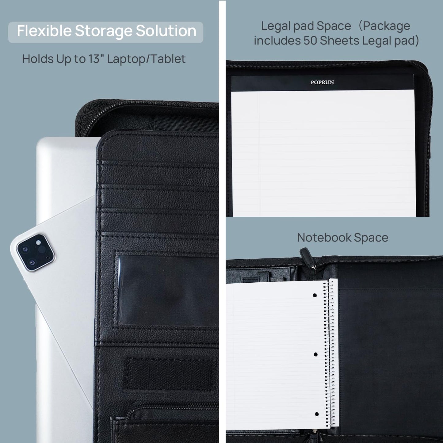 POPRUN Professional Zippered Portfolio Binder - Leather Padfolio Organizer with Notepad, Tablet Sleeve & Handles for Business, Meetings, Interviews, and Daily Office Use, Black