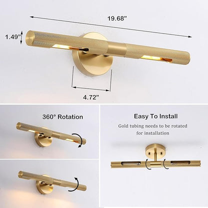 Brushed Brass Picture Light 19 inches Modern Gold Wall Sconce with Knurled Texture Cylinder Metal Shades Rotatable 360°Indoor Wall Lighting Fixture Bathroom Vanity Light Bedroom Living Room