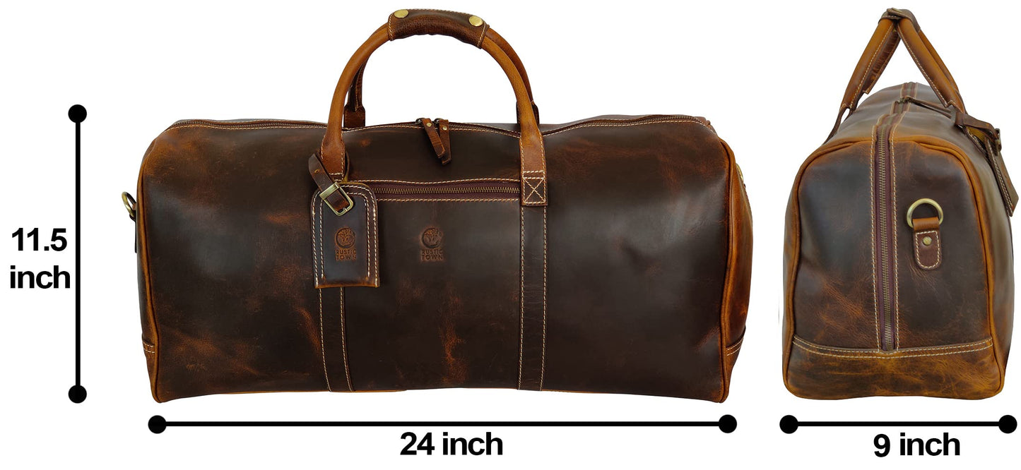 24" Leather Duffle Bag for Men and Women, Full Grain Leather Travel Overnight Weekender Sports Gym Carry On Duffel Bag by Rustic Town (Antique Brown)