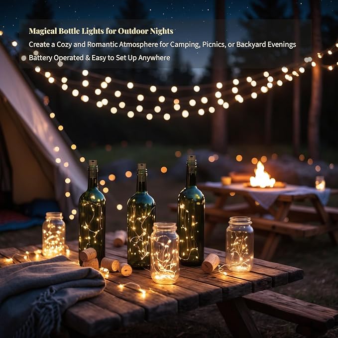 10 Pack Bottle Lights with Cork, 20 LED 7ft Warm White Copper Wire String Lights for Wine Bottles, Battery Operated Decorative Fairy Lights for DIY, Home, Party, Wedding Decor (Warm White)