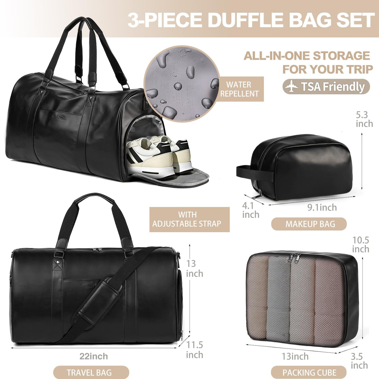 Large 3-in-1 Leather Duffle Bag for Travel Weekender Overnight Hospital Gym Bag for Men & Women, Carry On Airline Approved Personal Item Duffel Garment Bag Luggage with Shoe Compartment & Toiletry Bag