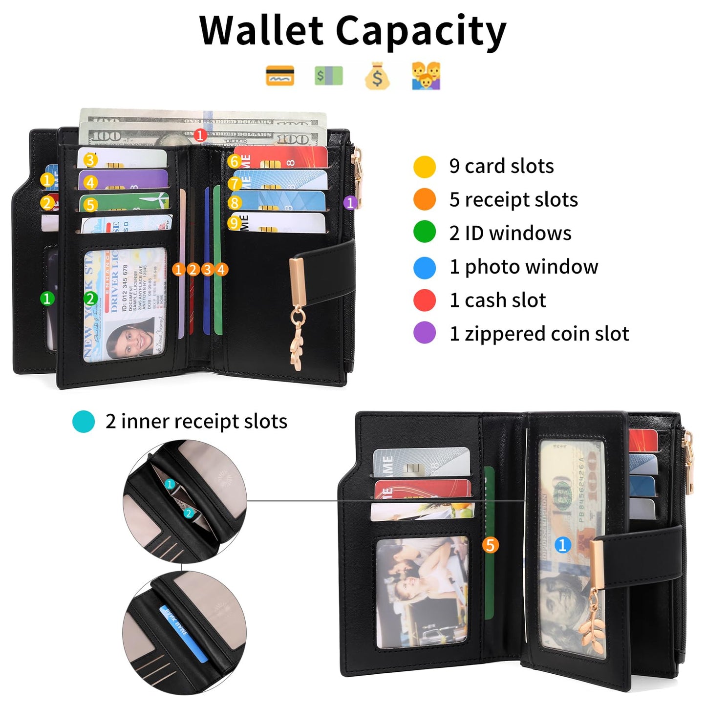 SENDEFN Wallets for Women Leather RFID Blocking Credit Card Case Holder Purse Zipper Pocket with ID Window
