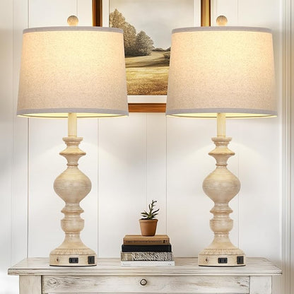 28" Farmhouse Table Lamps Set of 2, Rustic Lamp for Living Room with USB C+A Ports & AC Outlet, 3 Way Touch Control Resin Bedside Lamps, Retro Bedroom Lamp for Nightstand Side End Table Desk, Beige