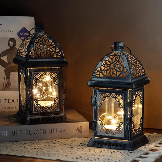 TRIROCKS Vintage Style Decorative Lanterns - 8'' High Battery Operated Metal Lanterns with LED Fairy Lights for Home Decor, Living Room, Parties & Events (Grey)