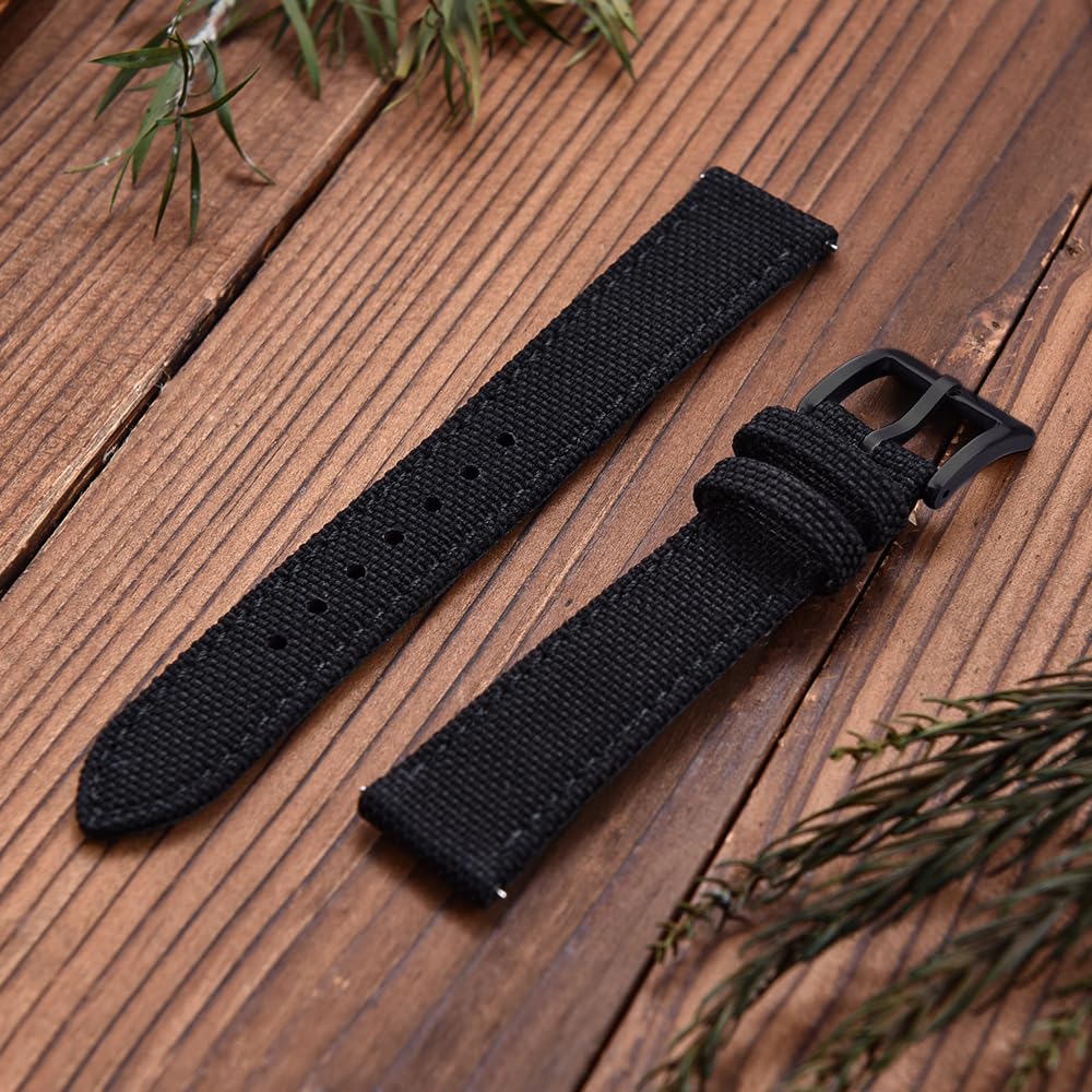 PTFULUOS Premium Soft Hybrid (Leather and Sailcloth) Watch Bands for Men Women,18mm 20mm 22mm Multiple Sizes Quick Release Replacement Watch Straps (Black-Black Buckle, 18 mm)