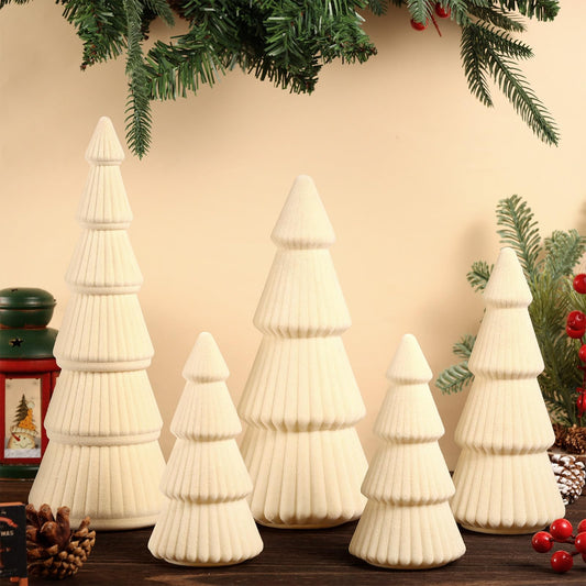 5 Pieces Christmas Velvet Trees Set Modern Christmas Decor 4 Szies Christmas Velvet Cone Trees Table Decoration Winter Decoration for Entryway Mantle Farmhouse(Creamy White)
