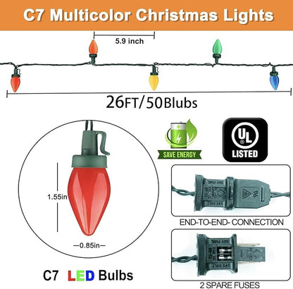 Couah C7 Christmas LED String Lights - 26Ft LED Vintage Multicolor Lights with 50 LED Colorful Bulbs, Outdoor String Lights for Christmas Party Backyard Wedding- Green Wire