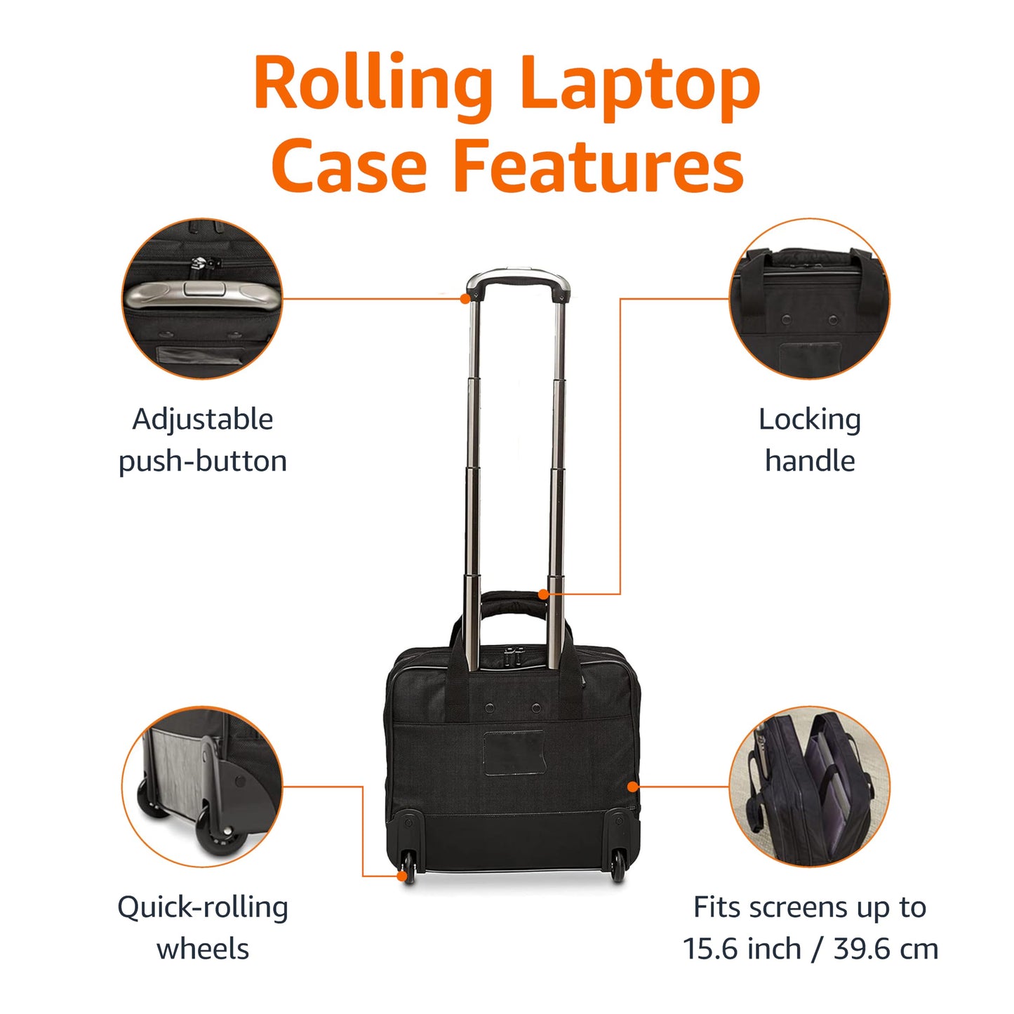 Amazon Basics 15.6" Rolling Laptop Bag for Travel and Business, Briefcase with Wheels, Adjustable Locking Handle, Black