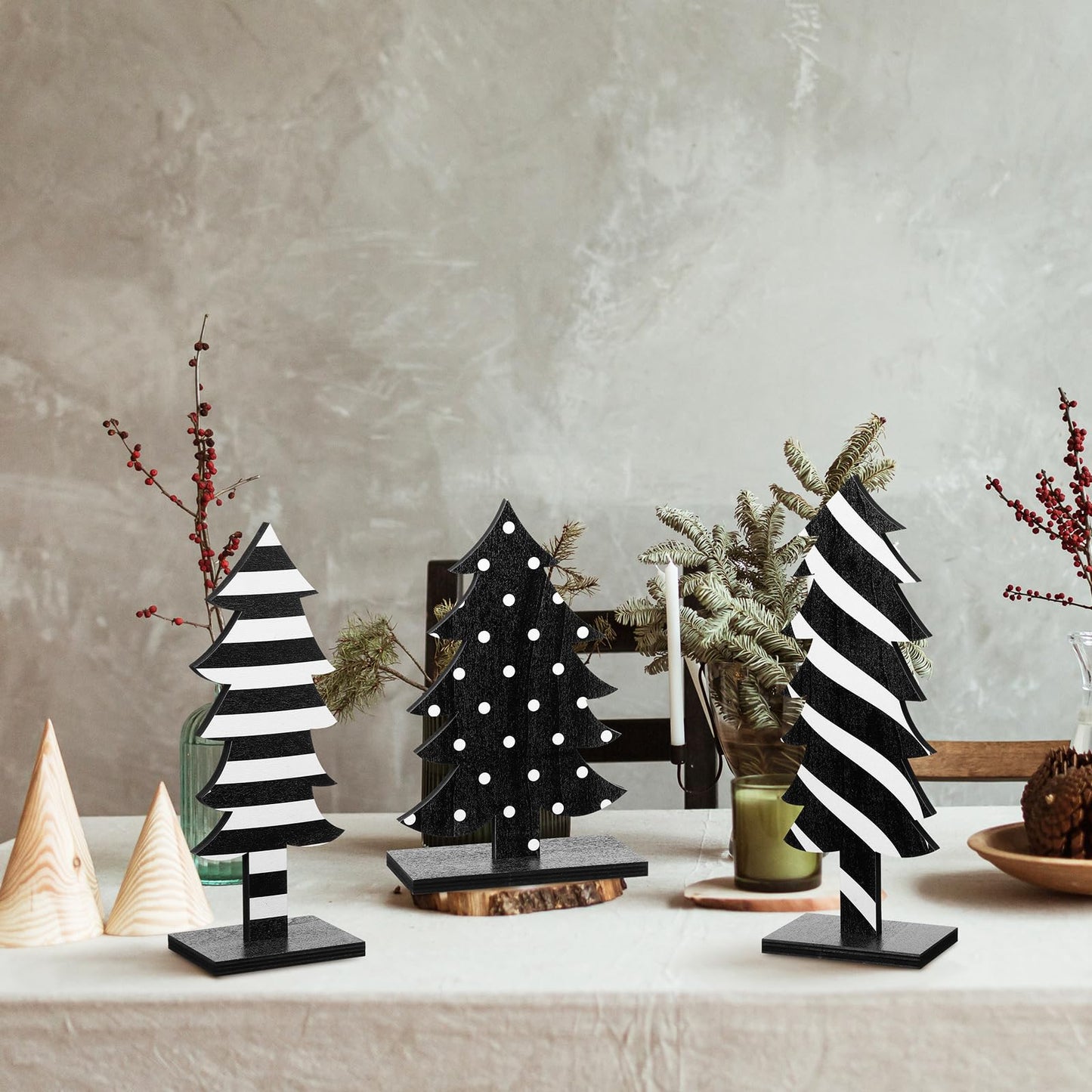 Meooeck 3 Pcs Christmas Table Decorations Wooden Christmas Tree Tabletop Centerpiece Signs Black and White Freestanding Handmade Wood Trees for Home Xmas Tabletop Party Decor