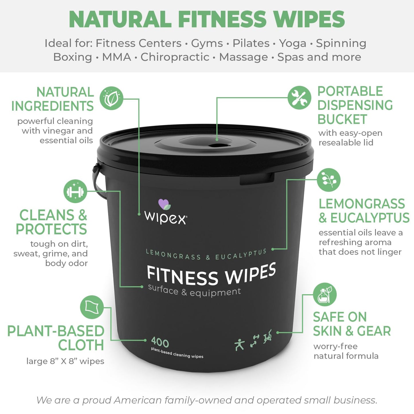 Wipex Yoga Mat Cleaner Wipes - Plant-Based Lemongrass, Eucalyptus & Vinegar Wipes for Gym & Fitness Equipment & All Purpose Gym Cleaning - Safe for Peloton Bikes & Treadmills - 400 Count