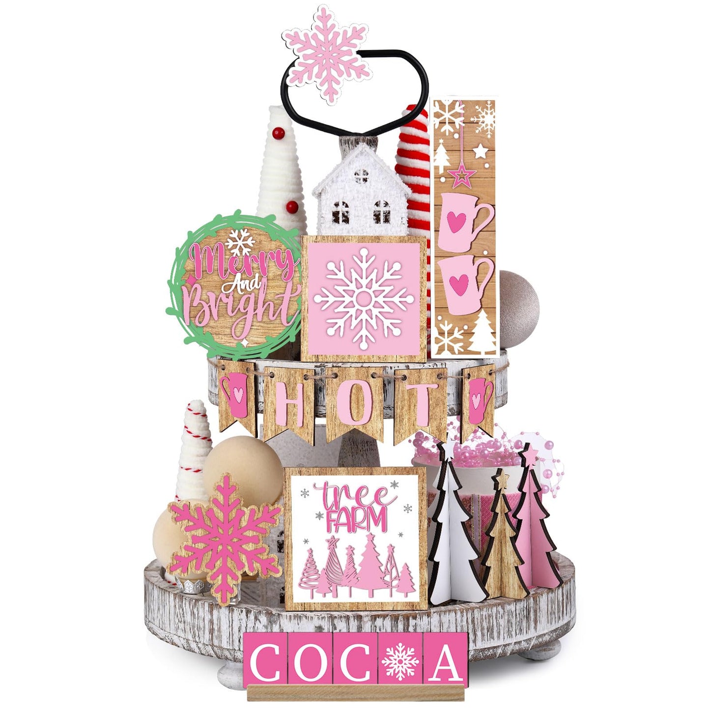 GlikCeil 19 Pcs Pink Christmas Tiered Tray Decor Winter Hot Cocoa Wooden Sign Snowflakes Coffee Table Decoration Rustic Farmhouse Winter Signs for Home Decor Tabletop Shelf Centerpieces