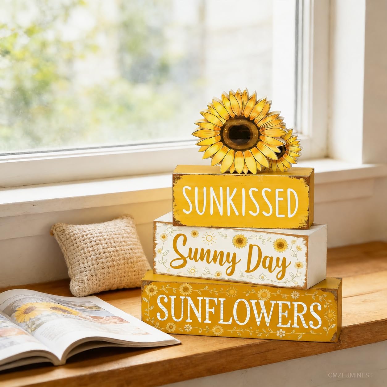 4 Pcs Sunflower Decor, Summer Rustic Farmhouse Tiered Tray Signs, Yellow Wooden Block Decorations with Sunkissed Sunny Day for Home Kitchen Office Coffee Bar Fireplace Mantel Floating Shelf