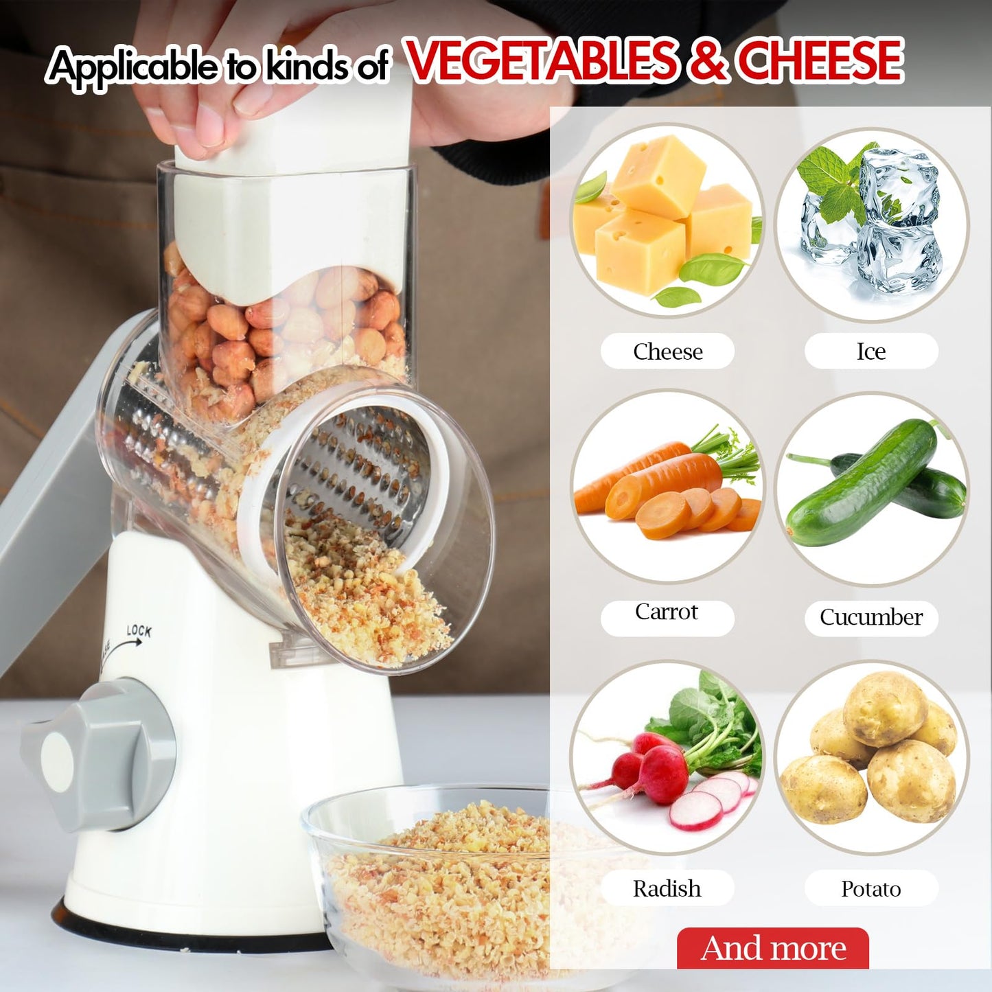 Ourokhome Rotary Cheese Grater Hand Crank, Kitchen Shredder Speed Mandolin Slicer Ice Shaver with Handle and Drum Blades for Cheese, Vegetable, Nuts, Chocolate, Potato, Carrot, 5 Blades, White