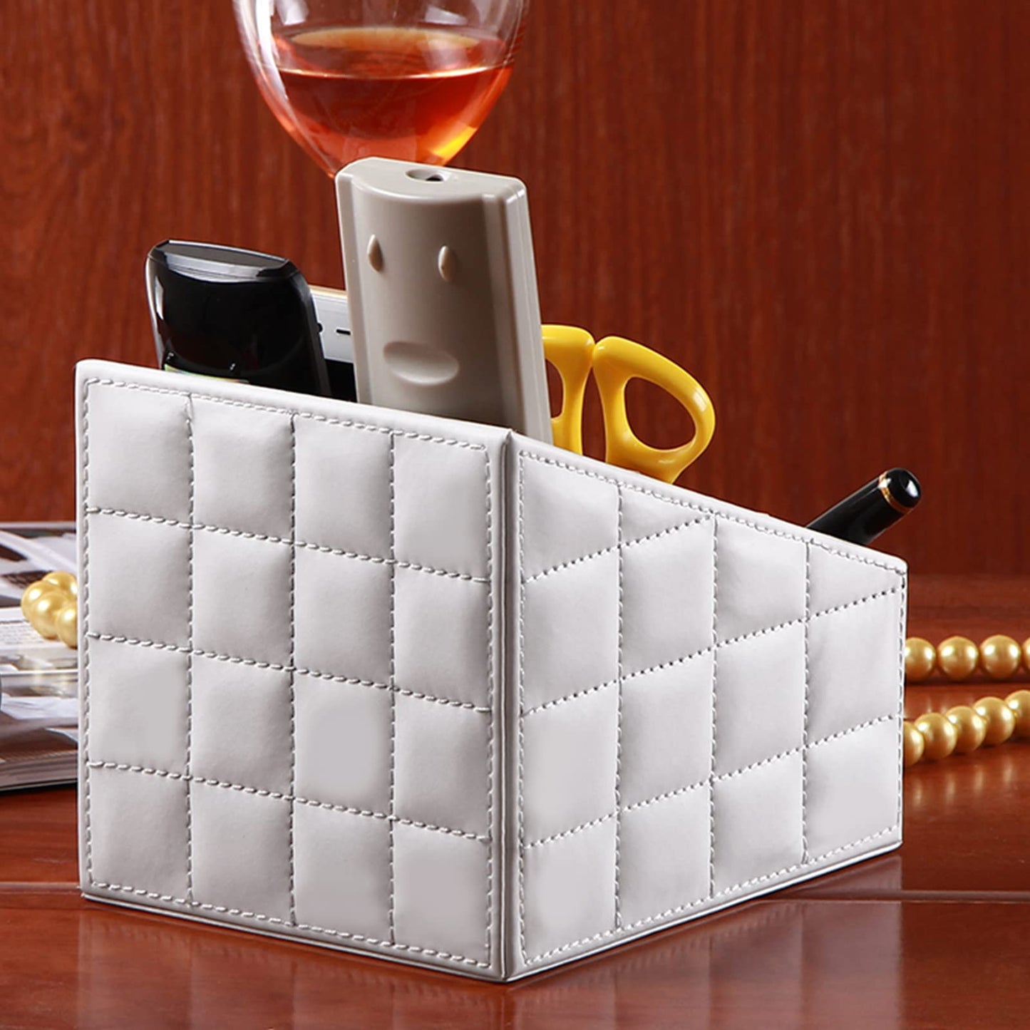 RHCSZ Fashionable PU Leather TV Remote Control Holder with 3 Compartments,Multifunction Desktop Organizer Holder, Media Accessory Storage & Organize Controllers (white)…