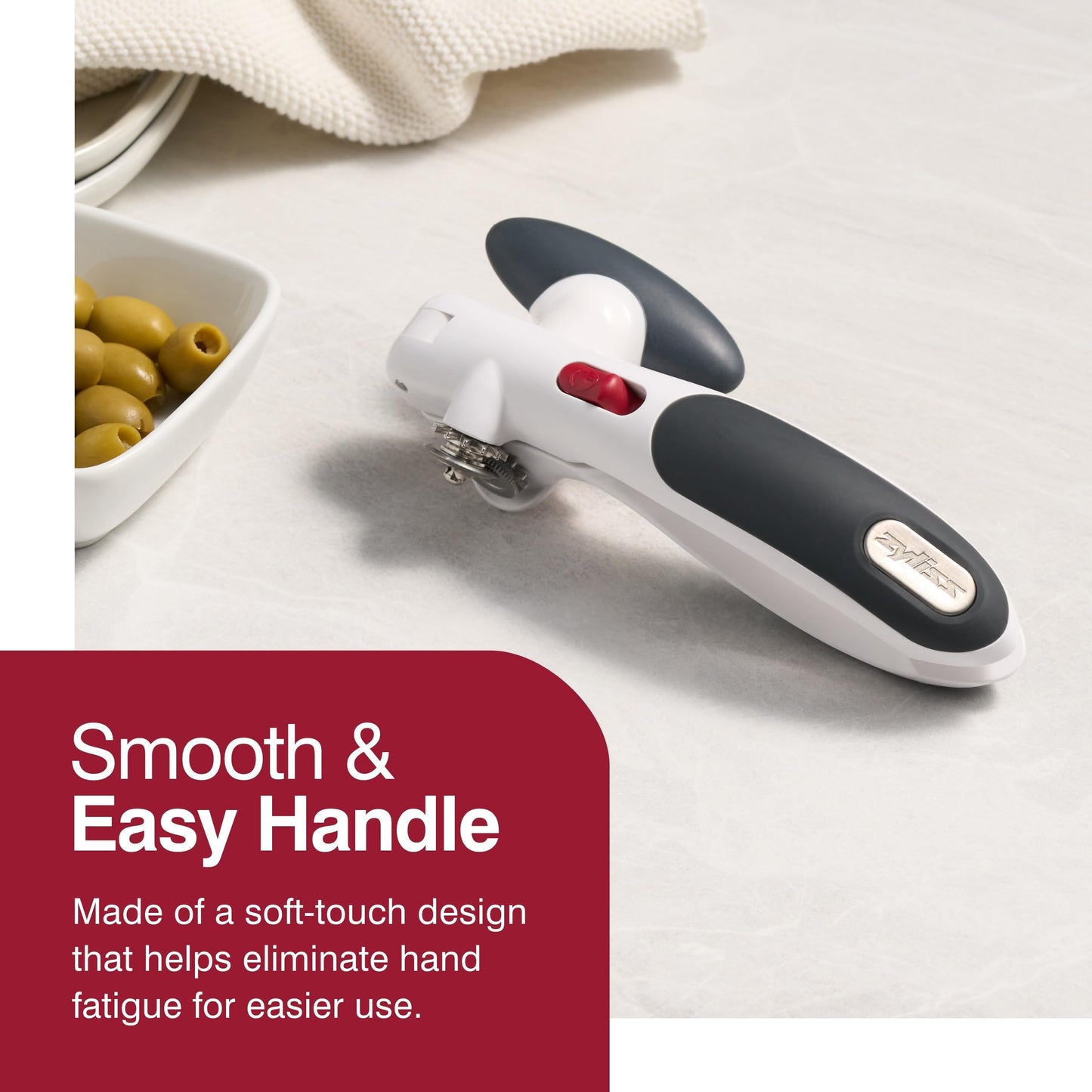 Zyliss Lock N' Lift Can Opener with Lid Lifter Magnet - Manual Opener with Locking Mechanism - Easy-to-Turn - Magnetic Can Opener - White/Gray
