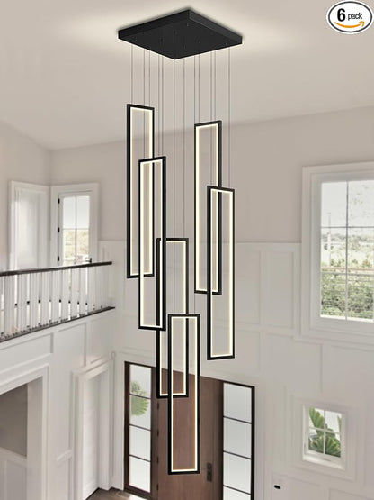Flashing God Modern Chandelier,Black Chandelier with 6 Ring Led Foyer Chandeliers,Larger High Ceiling Chandelier for Living Room,Rectangle Chandelier for Entryway Staircase LED Dimming 2700k-6001k