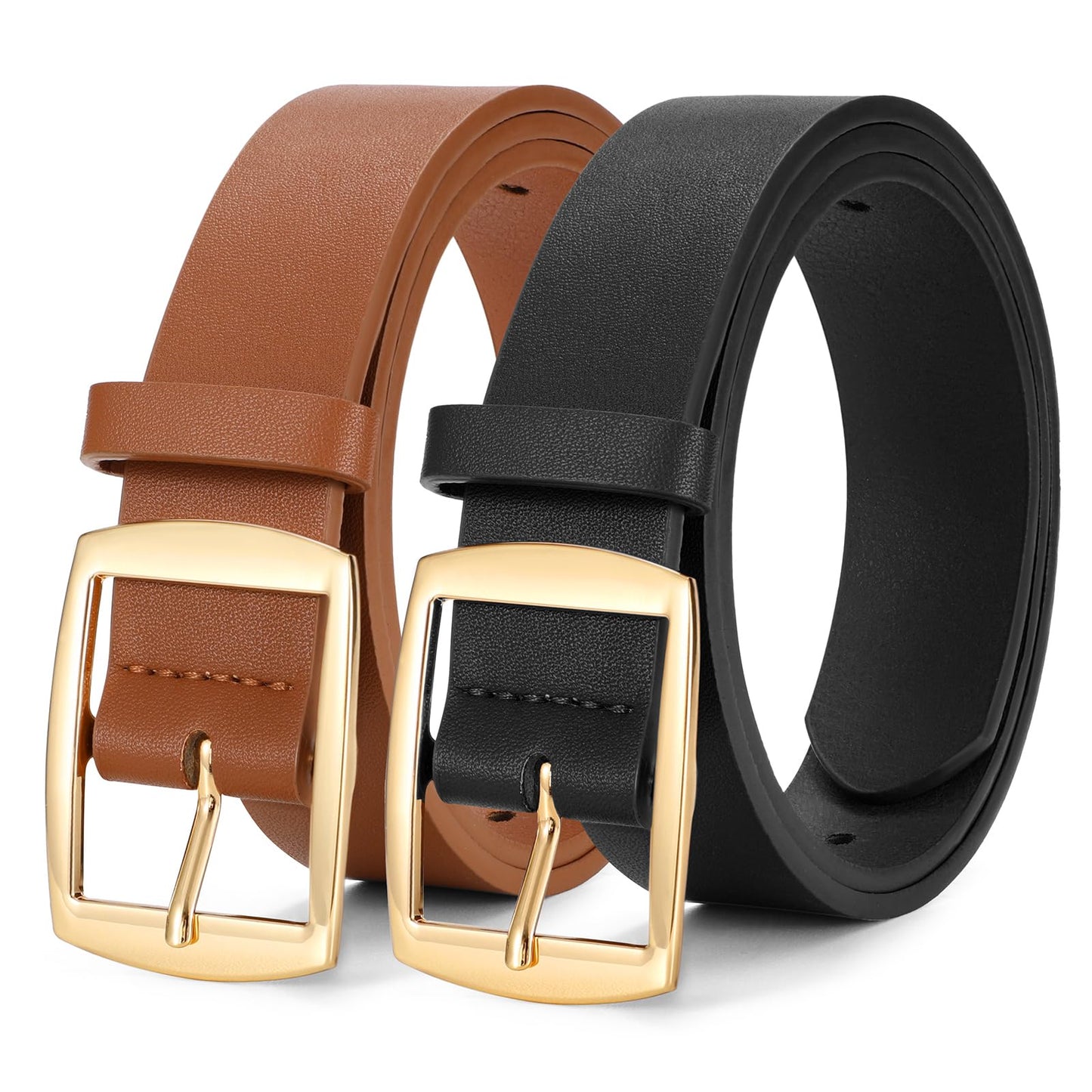 WERFORU 2 Pack Women Leather Belts for Jeans Pants Fashion Leather Belts for Women Waistband with Gold Pin Buckle,A-Black+brown-gold buckle,S:Fit Waist Size 26"-30"