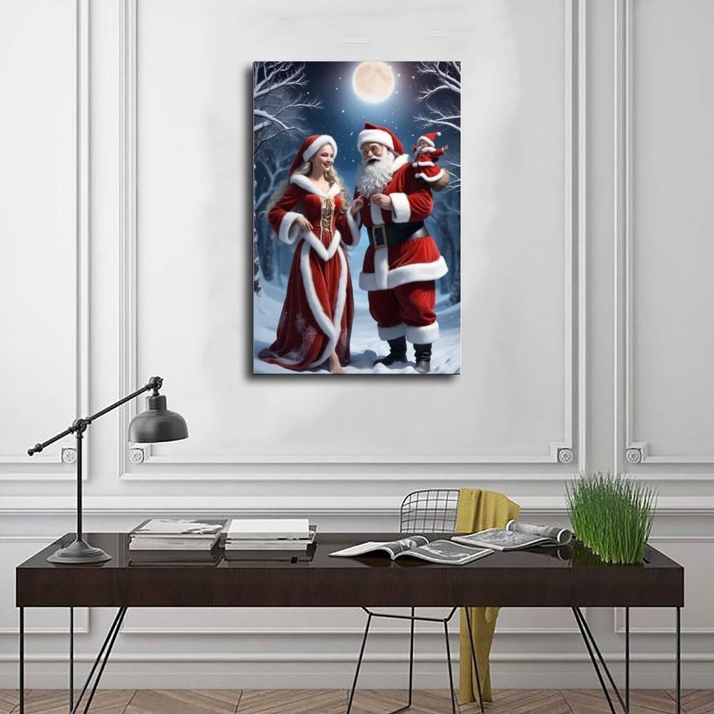 Santa Claus Family Figurine Set Christmas Decorations Including Mrs. Santa Claus Poster Wall Art Decor Print Picture Paintings for Living Room Bedroom Decoration Frame 24x36inch