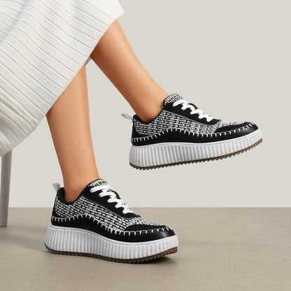 DREAM PAIRS Women Chunky City Tweed Comfortable Casual Platform Fashion Sneaker,Size 8.5,Black/White,SDFN2379W