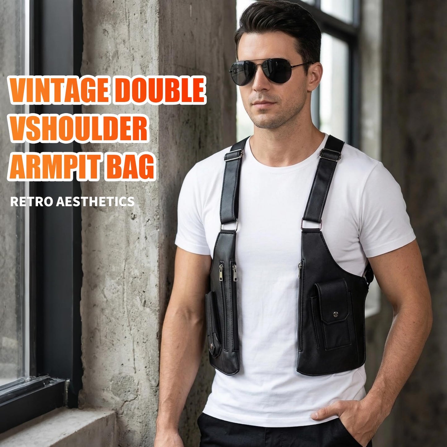 Men's Double Shoulder Armpit Bag,Anti-Theft Underarm Wallet,Fashion Leather Double Shoulder Straps Holster Wallet Adjustable Leather Multi-Purpose Armpit Tactical Bag,Travel Outdoors