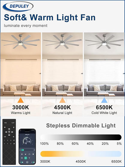 Depuley 66" Ceiling Fans with Lights: Large Indoor/Outdoor Ceiling Fan for Patios Living Room - 8 Blades Silver Dimmable Ceiling Fans with Remote APP Control Timer Reversible Quiet DC Motor 6 Speeds
