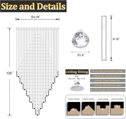 Flashing God D59''X H120'' Extra Large Chandeliers for High Ceilings Black Square Chandeliers Crystal Raindrop Chandelier for Villa Entrance Foyer LED Dimmable 2700K-6000K