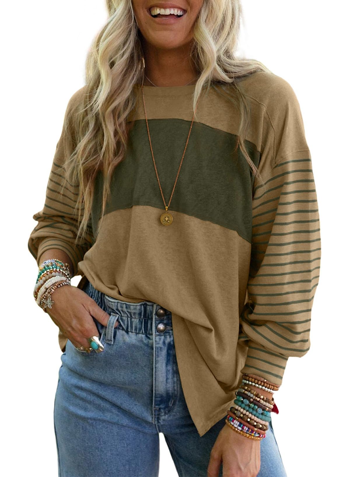 Dokotoo Long Sleeve Tops Oversized 2025 Trendy Round Crew Neck Casual Color Block Womens Shirts Blouses