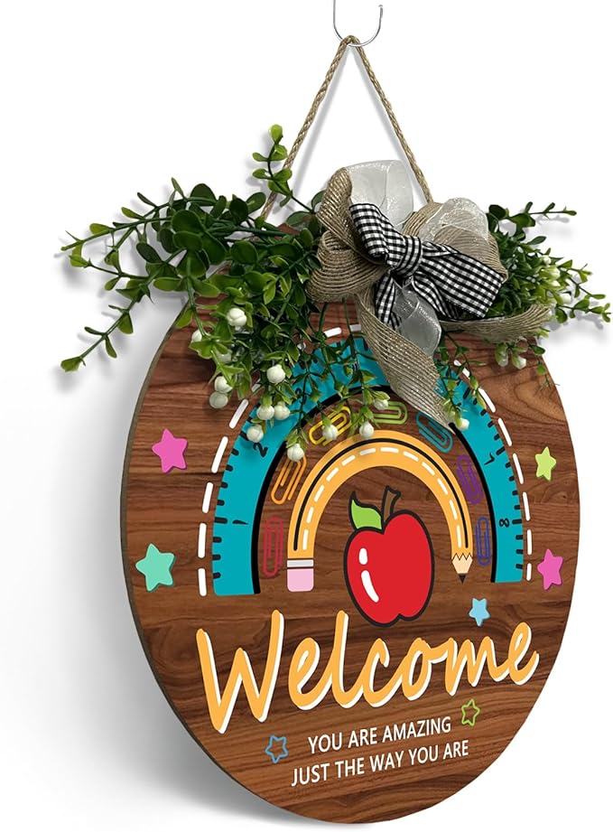 Teacher Classroom Door Sign Wooden Welcome Door Sign for Classroom Apple Star Flower Teacher Wreath for Classroom Door Rainbow Hanging Plaque Kids Classroom 12 inch