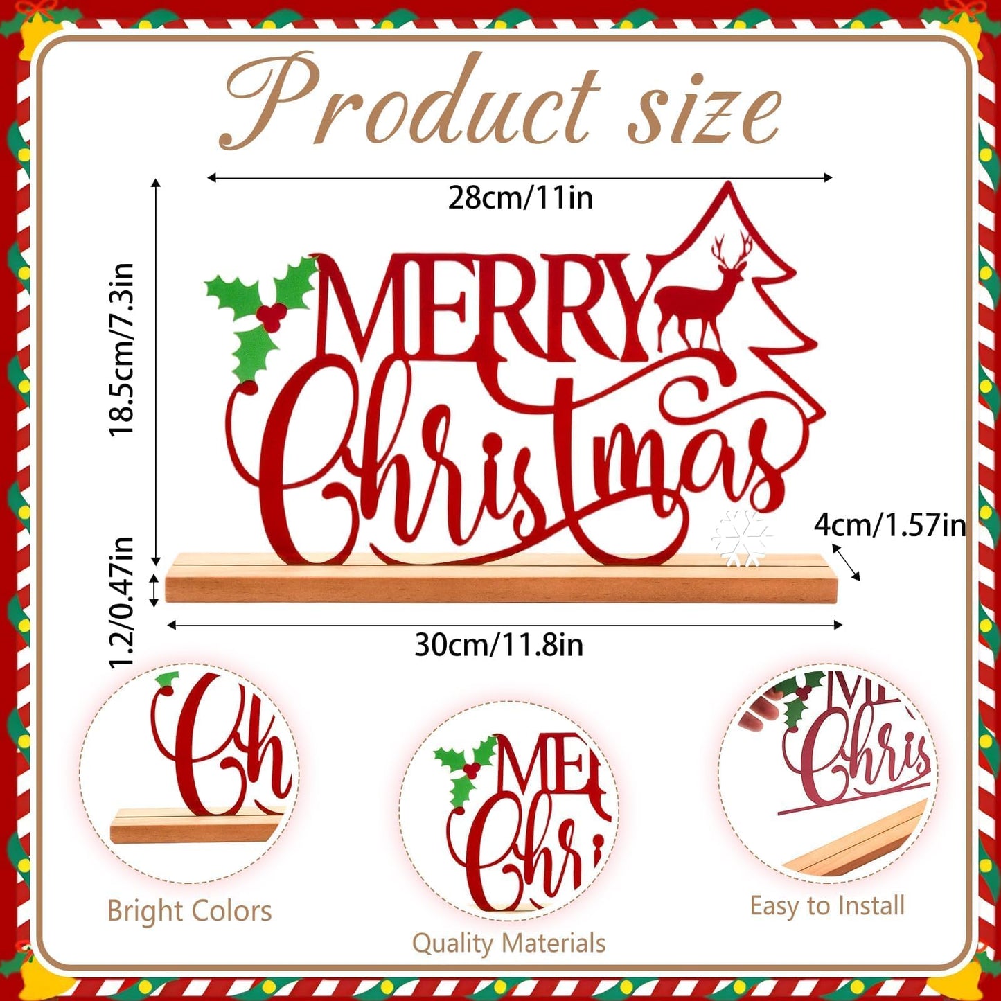 Metal Merry Christmas Table Sign Xmas Tabletop Centerpiece with Wooden Base Freestanding Rustic Tiered Tray Decor for Home Mantel Shelf Fireplace Decoration (Red)
