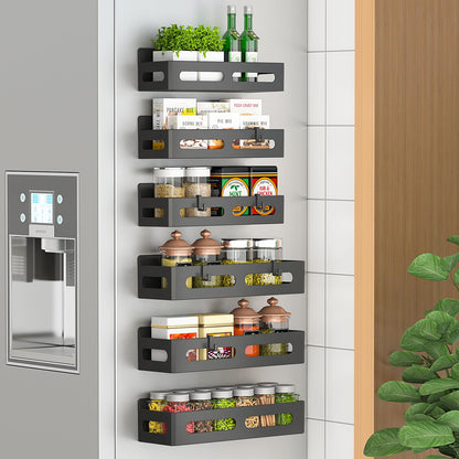 4 Pack Magnetic Spice Rack for Refrigerator, Spice Rack Organizer, Moveable Magnetic Shelf Fridge Organizer with 4 Hooks for Kitchen and Oven Organization, Black