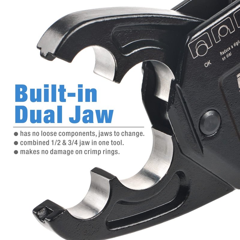 IWISS Combo Angle Head Pex Pipe Plumbing Crimping Tool for Copper Crimp Jaw Sets 1/2" & 3/4" with Go/No-Go Crimp Gauge