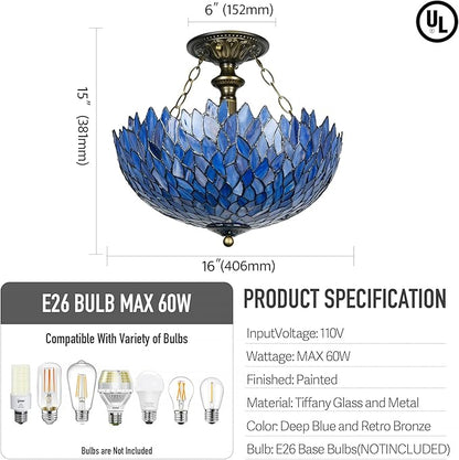 Tiffany Ceiling Light Fixture Deep Blue Purple Wisteria Stained Glass Semi Flush Mount Lamp Wide 16 Inch Height 15 Inch Tiffany Ceiling Lamp (Blue)