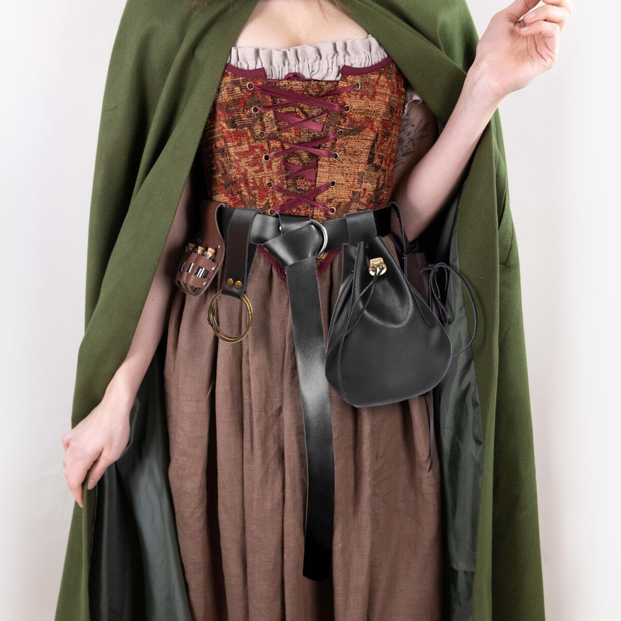 Leather Belt Pouch Medieval Vintage Renaissance Viking LARP Cosplay Costumes Drawstring Coin Purse Phone Holder Waist Bag (Black)