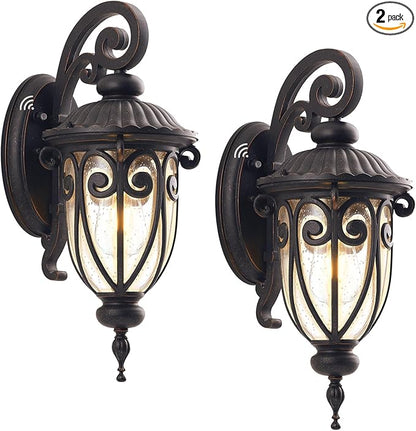 23 Inch Large Dusk to Dawn Outdoor Porch Lights for Garage, 2 Pack Bronze Wall Lantern with Photocell Sensor, Exterior Wall Light Fixture with Seeded Glass for House, Aluminium