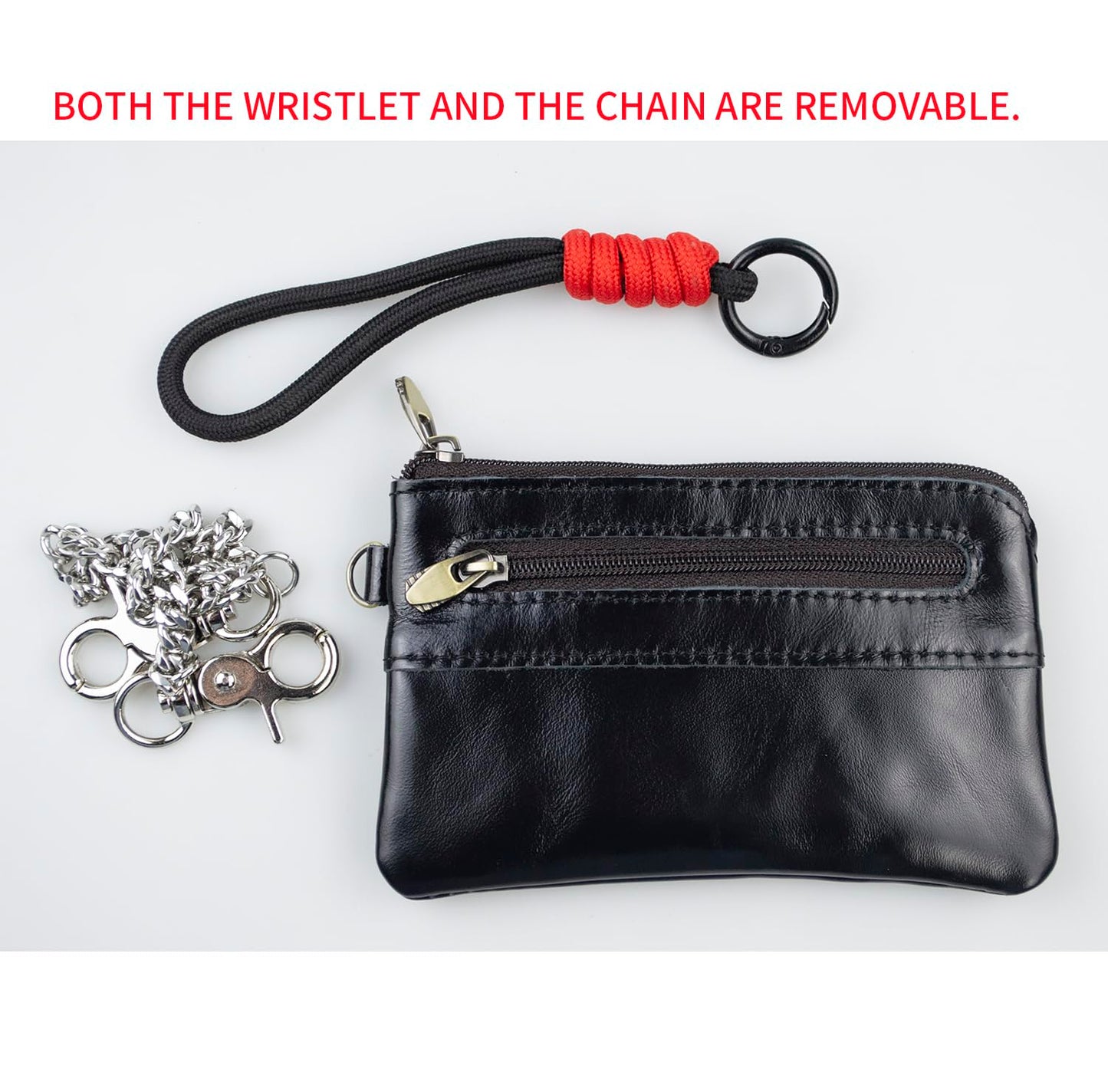 Genuine Leather Coin Purse with Removeable Wallet Chain & Wristlet - 2-Zipper Pocket Keychain Wallet, Small Black Change Purse and Card Holder for Men & Women