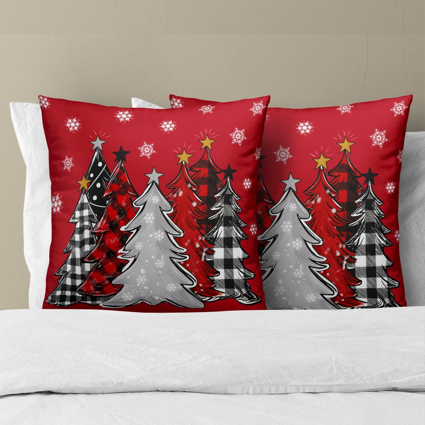 Christmas Pillow Cover 16x16 Inch Merry Christmas Tree Red Throw Pillow Cover Set of 2 Winter Snowflake Decorative Pillow Cases Farmhouse Xmas Holiday Checked Cushion Case for Sofa Home Decor