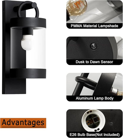 Outdoor Dusk to Dawn Wall Lights Modern Exterior Wall Mount Lantern Fixture Aluminum E26 Lamps Waterproof Porch Light for Patio Garage Front Door Garden Yard (Bulbs Not Included), Black