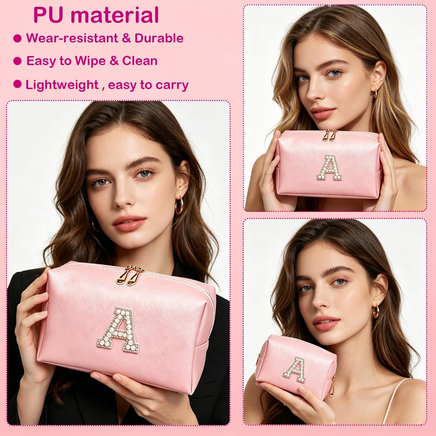 VENCELIN Initial G Pearl Makeup Bag 3Piece, PU Leather Travel Toiletry Pouch, Large Medium Small Portable Organizer for Business Trip Teen Girls