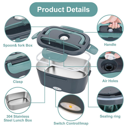 Electric Lunch Box Food Heater, 3 in 1 Ultra Quick Heated Lunch Boxes for Adults, 12V/24V/110V Portable Food Warmer for Car/Truck/Office With Fork Spoon and Insulated Carry Bag